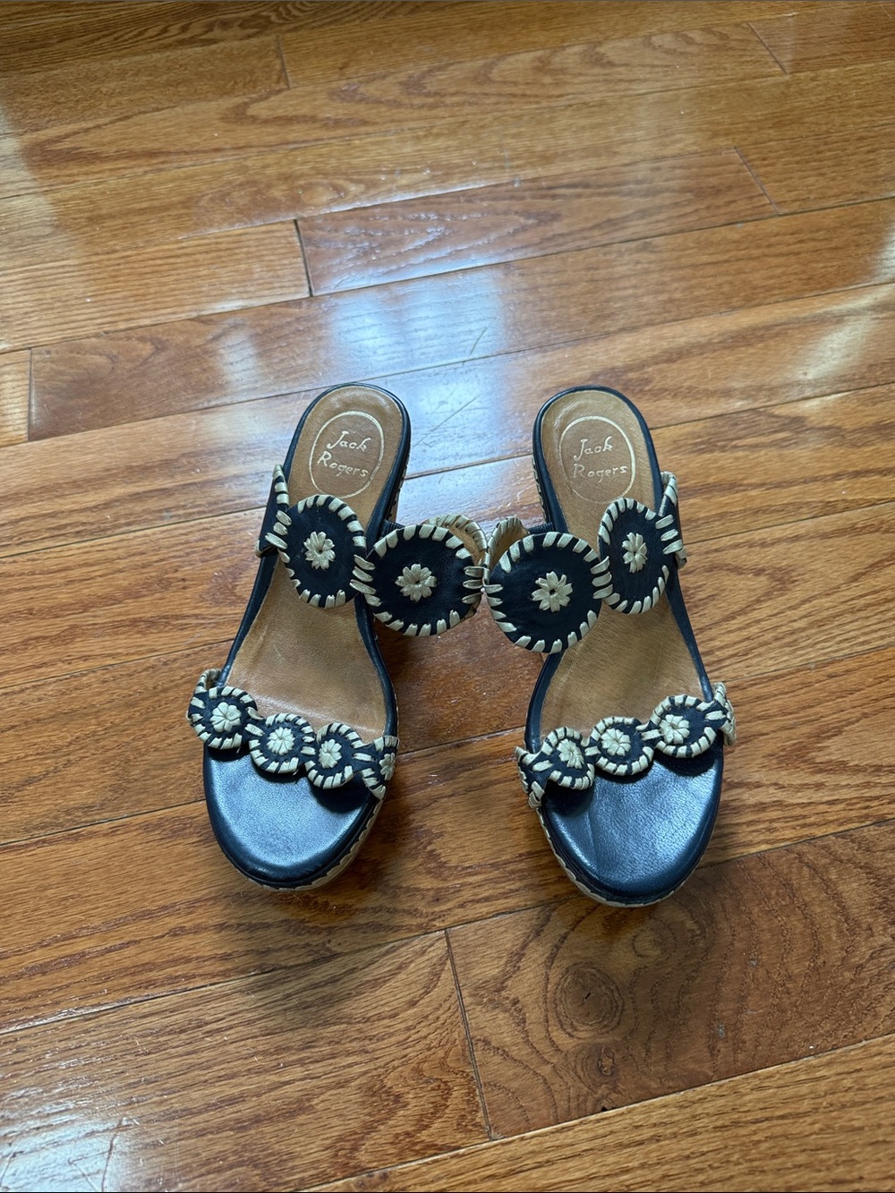 Jack Rogers Navy Sandal Wedges with Natural Braided Accents